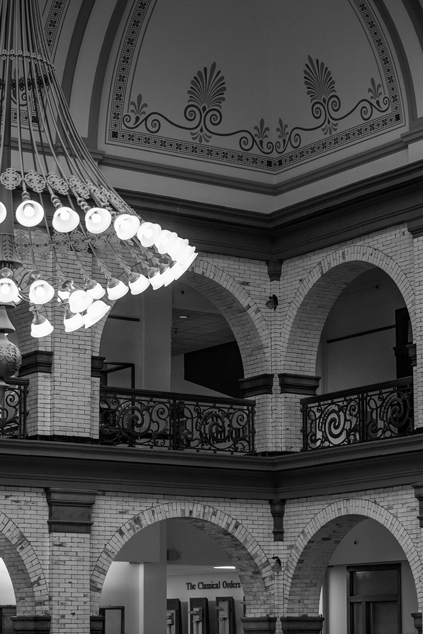 Black and white Chandelier and Ceilings in the Drexel Main Building, Philadelphia, Pennsylvania